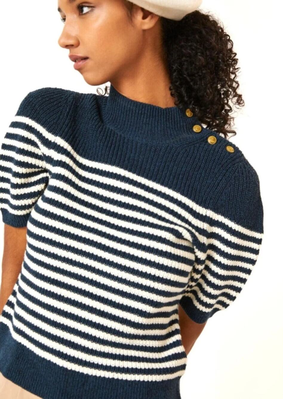 Maeve Anthropologie Divendra Puff Sleeve Knit Sweater Blue Stripe XL